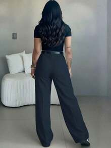 Pantalones de pierna ancha de cintura alta con rayas blancas, estilo de calle bohemio, adecuados para uso casual y para ir al trabajo en primavera/verano (cinturón no incluido) - Azul - Ver 3