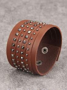 1pc Leather Bracelet, Personalized Rivet Wide Cuff Bracelet, Punk Style Stage Performance Accessory, Unisex, Nightclub Decor, Gift For Boyfriend - Bracelet - View 2