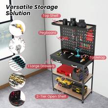 COSTWAY Workbench With Pegboard, Multi-Use Workbench With 2 Tires Of Shelves, Topping Space, Drawer, Robust Metal Frame, Heavy-Duty Work Table Tool Storage Bench For Workshop, Warehouses, Basement, Blue/Red - B - 查看 6