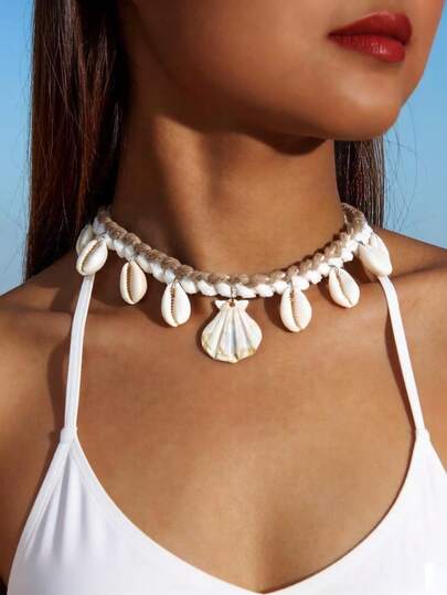 imoli 1件波西米亚风涤纶双色编织亚克力扇贝吊坠项链，海洋主题礼物，适合女性海滩度假