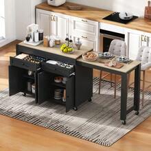 Kitchen Island With Wheels, Extendable Kitchen Island For Dining Room With Countertop And Drawers, Freestanding Mobile Kitchen Island, Ideal For Kitchen And Dining Room (Grey+Natural) - Black - View 2