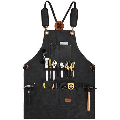 Canvas Tool Apron For Men, Heavy Duty Waxed Canvas Work Apron With Multiple Pockets, Adjustable Cross Back Apron For Woodworking, Gardening, Blacksmith, Chef