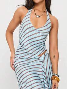 Bộ đồ nữ thanh lịch cổ yếm kẻ sọc mới về, trang phục đi biển thường ngày, phù hợp cho mọi mùa hè. - màu xanh nhạt - Xem 7