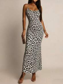 2026 New Arrival Leopard Print Elegant Sexy Knit Fabric Backless Spaghetti Strap Bodycon Midi Dress, Graceful Socialite Style For Beach, Vacation, Evening Date In Summer Party - Black and Gold - View 3