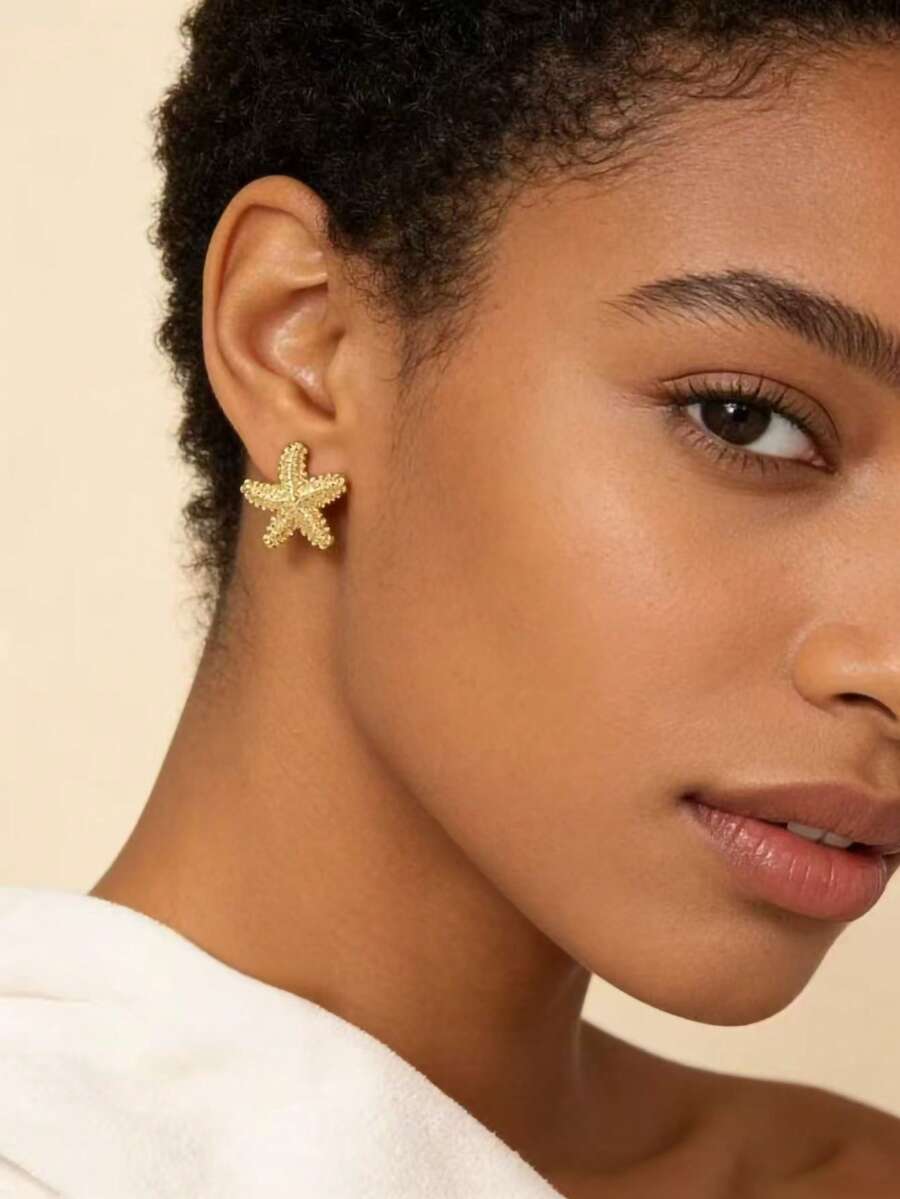 1 Pair Fashionable Beach Vacation Style Starfish Shaped Earrings For Women, Matching Ocean Themed Design - Yellow Gold - View 1