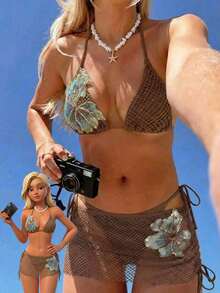 Bellisia 3pcs Textured Fabric Floral Print Bikini Set, Swimwear With Skirt, Spring/Summer Beach Vacation Beach Skirt Set Bikini Skirt Set Brown Two Pieces Set Women Brown Bikini Set Skirt Swimwear Set - 棕色 - 查看 8
