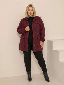 Plus Size Winter Overcoat In Bengaline Fabric With Drawstring, Zipper, And Button Closure. This Winter Parka Coat/Blouse Is Perfect For Sizes G1, G2, And G3. - Burgundy - View 3