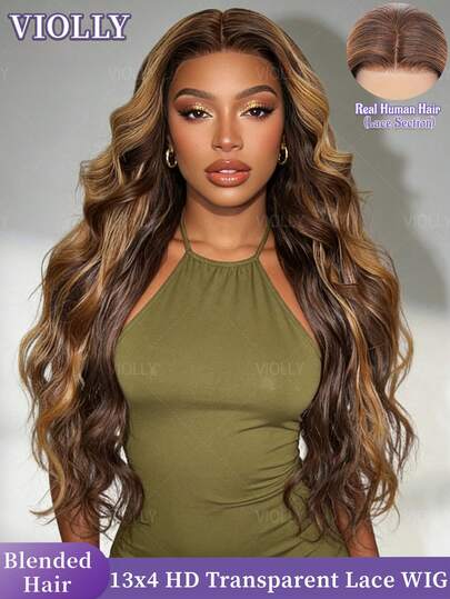 VIOLLY 28 Inch Body Wave 13x4 HD Transparent Lace Front Ear To Ear 200% Density Multiple Parting Natural Hairline Baby Hair Pre Plucked Pre Bleached Knots #4/27 Brown Ombre Highlight Honey Blonde Human Hair Blend For
