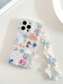 Funda protectora suave para teléfono con diseño de gato trenzado de borde ondulado, minimalista y elegante, pintado a mano con flores y gatos, compatible con iPhone 17pro/17Air /17/17promax 16/11/16pro/16plus/16promax/16e/15Promax/13/14/12/XS/XR/7G/8PXR /7/8, 15Promax, 13, 14, con accesorio de pulsera hecha a mano con cuentas - Multicolor - Ver 4