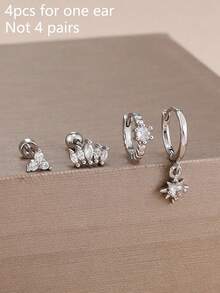 4pcs Elegant Stainless Steel Crown Zirconia Hoop Earrings Set, Floral Stud Earrings Jewelry For Women - 4pcs-silver-8# - View 3