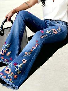 New Women'S Jeans For Everyday Use In 2026, Featuring Casual, Breathable Material, Retro Dark Blue Embroidered Flared Design, And Extended Floor-Length Style - 藍色 - 查看 4