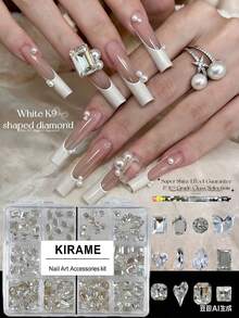 KIRAME 120颗尖头透明水钻，K9玻璃材质，不同形状，6-14毫米混合尺寸，美甲装饰套装，含一支点钻笔，适合在家DIY美甲，也适用于美甲沙龙，可用于圣诞节、新年、情人节、母亲节等节日美甲，是理想的节日礼物。 - 白色 - 查看 4