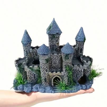水族箱城堡装饰 - 树脂材质，带石塔、拱桥和逼真细节，耐用PE材质，不褪色，适用于鱼缸繁殖和栖息地装饰，水下摆件 | 逼真水族箱装饰 | 精致设计，水族箱装饰