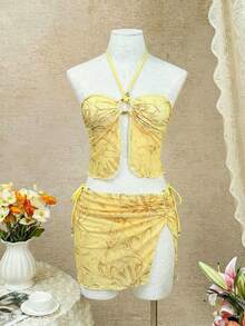 女士花卉提花露背挂脖比基尼套装及抽绳开衩罩裙三件套，性感沙滩泳池派对假日夏季风格 - 黃色 - 查看 6