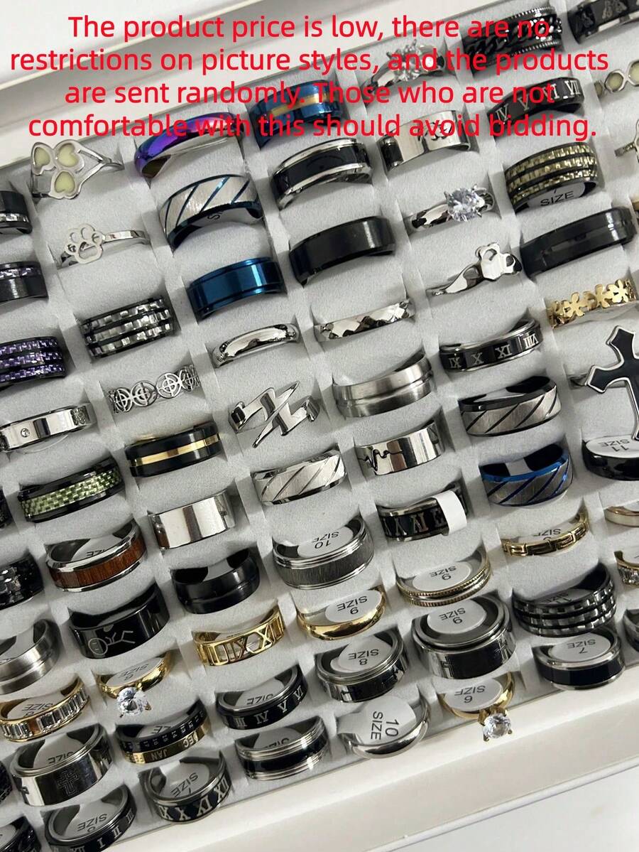 20/40/60/80pcs Wholesale Fashion Stainless Steel Roman Embossed Matte Decorative Ring Set, Assorted Designs, Sizes, And Colors, Sent Randomly, Based On Actual Items (No Boxes) - Multicolor - View 1