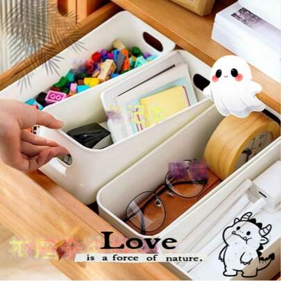 3 hộp đựng đồ dạng dải dài, có ngăn chia, dùng để sắp xếp đồ dùng trong tủ, bàn làm việc, hộp đựng đồ ăn nhẹ và vật dụng lặt vặt đặt cạnh giường.