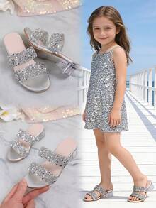 Girls' Sparkling Party High Heels | Thick Transparent Heel Dress Shoes - Silver - View 3