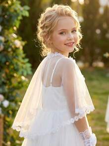 2pcs/Set Girls' White Floral Shawl + White Floral Satin Gloves, 2-Piece White Princess Style Shawl, Wedding Photography Prop, Wedding Decoration, Party Photo Booth Prop, Wedding Supplies - 2PCS - View 5
