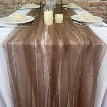 1pc Romantic Pearl Lace Table Runner, Wedding Arch Decor, Bridal Shower Gift Fabric, Elegant Pearl Lace Tablecloth, Suitable For Event, Embroidered, Transparent, Wrinkle-Resistant, White, Dessert Table - Coffee Brown - View 9