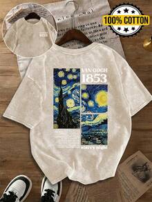 Van Gogh Starry Sky Artistic Design, Letter Print Vintage Washed Plus Size Women T-Shirt, Casual Loose Fit Tops, Summer/Autumn Clothing, Plus Size Autumn/Winter Apparel - 杏色 - 查看 1