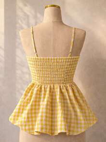 Camiseta de tirantes de verano para mujer, camiseta de cuadros para mujer para vacaciones, graduación, boda, vuelta al colegio, con vibra retro, fiesta, almuerzo, verano casual y lindo, estilo romántico y campestre, con textura, holgada y cómoda, con bajo suelto - Amarillo - Ver 3