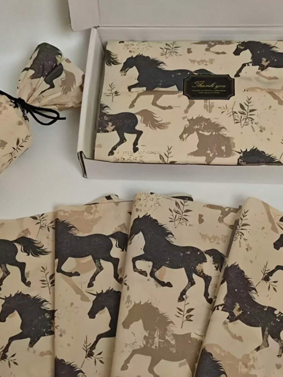 10/20/40pcs Black Horse Patterned Tissue Paper, Measuring 20.0 X 14.0 Inches, Suitable For Gift Packaging, Clothing Packaging, Wine Packaging, Filling Gift Boxes, Protecting Fragile Items, And As Decorations For Easter, Birthdays, And Valentine's Day