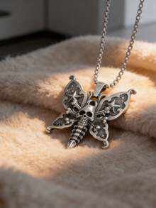 1pc Vintage Gothic Pentagram Skull Butterfly Pendant Necklace, Punk Motorcycle Riding Jewelry Gift For Men & Women - Fashion - View 4