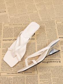 Square Toe High Heel Thong Sandals For Women, Black One-Piece Summer Flip Flops - White - View 2