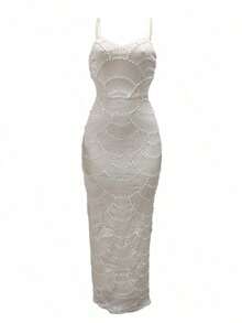 [Hot New Arrivals Spring/Summer 2026] Solid Color Spaghetti Straps Pearl Sequins Decoration Hollow Slit Elegant Slim Long Dresses Women Exquisite Ceremony Big Size Wedding Prom Party Spring - trắng - Xem 9