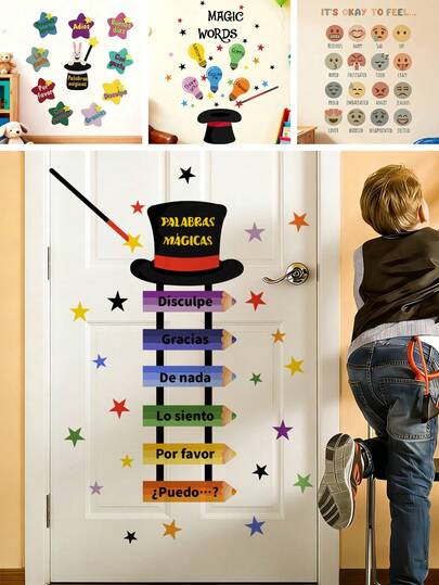 BRUP 1/2 Sheets/Set "PALABRAS MÁGICAS" Magical Spanish Words Kids Wall Decals, Top Hat With Magic Wand & 6 Colorful Pencil Phrases For Kids' Bedroom Or Nursery Door, Removable Peel And Stick Decals, Educational Politeness & SEL Theme Art