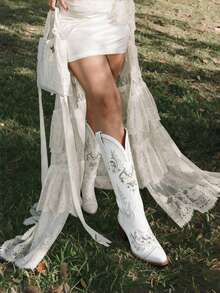 Embroidered Western Boots Chunky Heel Pointed Toe Glitter Shiny Country Style Slip-On Knee-High Boots Cowbgirl Boots For Women - 白色 - 查看 11