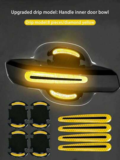 8 miếng dán bảo vệ tay nắm cửa xe hơi phát sáng, màu xanh dương, vàng, xanh lá cây, trắng, dải phản quang chống trầy xước và chống va chạm.