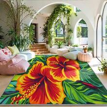 热带芙蓉绒地毯，柔软亲肤的绒面，鲜艳的红绿撞色，适用于客厅和度假租赁房，防滑保暖，散发着热情洋溢的度假氛围 - A - 查看 2