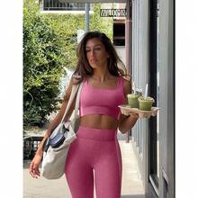 OLCHEE Womens Workout Sets 2 Piece Seamless Square Neck Sports Bra Padded Butt Lifting Leggings High Waist Yoga Gym Outfits - 蘭花紫 - 查看 2