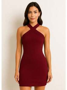 Short Dress With Crossed Straps – Fitted, Sexy, And Elegant For Parties - 紅木色 - 查看 1