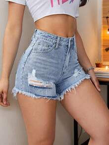 Women's Denim Shorts: Denim Shorts With Rips And Frayed Edges, Vacation Style - Blue - View 3