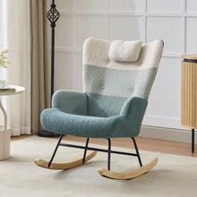 Bouclé Rocking Chair, Rocking Chair With Colorful Patchwork Stripe Print, Rubberwood Legs, Injected Iron Frame, Lounge Chair, Bedroom Chair With Footrest. - Multicolor - View 10
