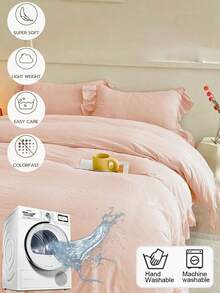 Soft Pink Cream Ruffled Duvet Cover 3 Pieces Set (1*Duvet Cover + 2*Pillowcases), Suitable For Bedroom & Guest Room, All Season, Machine Washable - Baby Pink - View 4