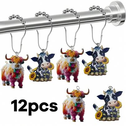 12 móc treo rèm tắm hình bò bằng acrylic, móc treo rèm trang trí chủ đề bò với hạt kim loại.