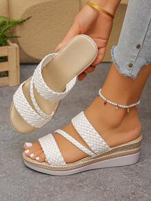 新款夏季时尚优雅白色PU编织厚底凉鞋，女士户外旅行百搭坡跟厚底凉鞋 - 白色 - 查看 6