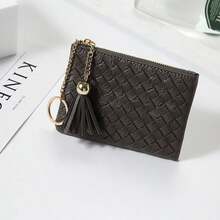 Crocheted Silver Coin Purse: Compact, Lightweight, And Versatile – Card Holder, Keychain, With Fringe, Zipper, Short Wallet. - A43# Xám đậm - Xem 1