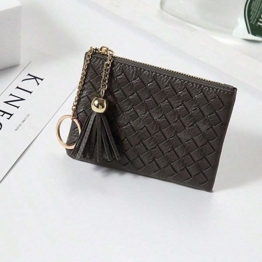 Crocheted Silver Coin Purse: Compact, Lightweight, And Versatile – Card Holder, Keychain, With Fringe, Zipper, Short Wallet. - A43# Xám đậm - Xem 1