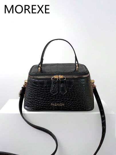 Túi xách nữ, túi vuông nhỏ thời trang họa tiết da cá sấu, túi đựng mỹ phẩm màu trơn có khóa kéo, túi đeo vai đa năng tiện dụng cho công sở.