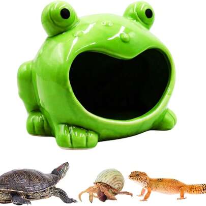Phụ kiện bể nuôi bò sát - Hang trú ẩn hình ếch hoạt hình bằng gốm sứ với miệng mở, môi trường sống dễ thương cho cua ẩn sĩ, rùa, tắc kè, nhện Tarantula và các loài bò sát nhỏ.