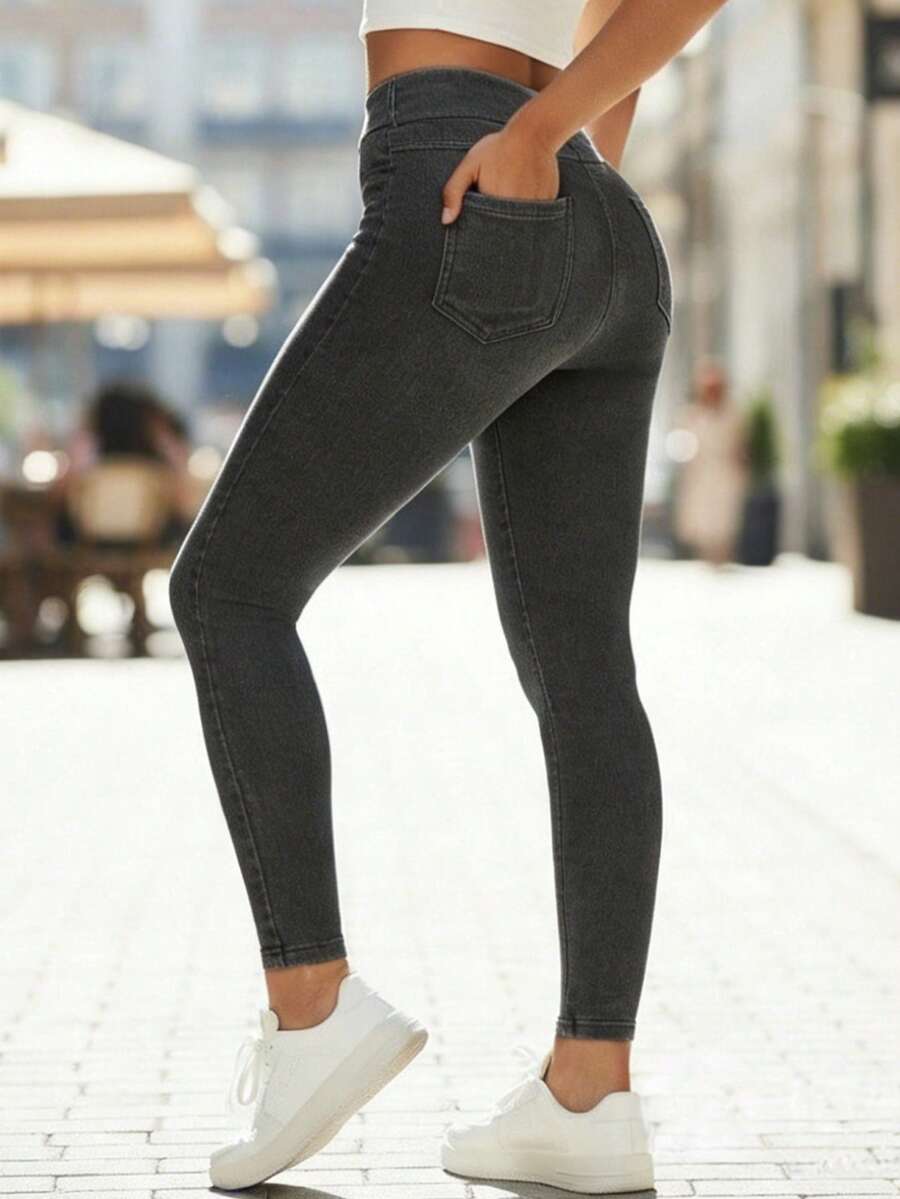 Stretchy Jeans For Women High Waist Jeggings Tummy Control Skinny Jeans Pull On Leggings With Pockets Casual - 黑色 - 查看 1