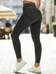Stretchy Jeans For Women High Waist Jeggings Tummy Control Skinny Jeans Pull On Leggings With Pockets Casual - 黑色 - 查看 2