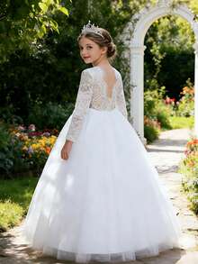 Váy phù dâu cho bé gái tuổi mới lớn, váy cưới màu trắng, váy công chúa, váy dạ hội cho bé gái, tiệc sinh nhật, váy dạ hội biểu diễn piano - trắng - Xem 3