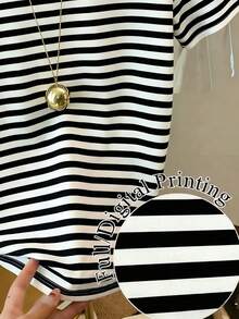 经典黑白条纹优雅百搭休闲圆领短袖T恤，适合通勤、夏季、度假、海滩等场合。 - 黑色 - 查看 3