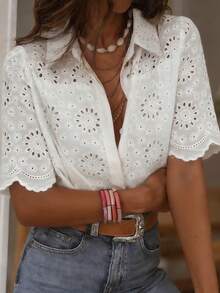 Áo kiểu nữ Look Polly mùa hè phong cách Bohemian Pháp màu trắng khoét lỗ thêu họa tiết, tay ngắn, cổ bèo nhún, thích hợp cho kỳ nghỉ biển, tiệc tùng và mặc thường ngày. - trắng - Xem 3