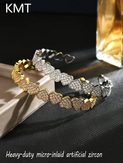 KMT 1 件铜镶嵌锆石不对称心形闪亮奢华女士时尚手链礼盒